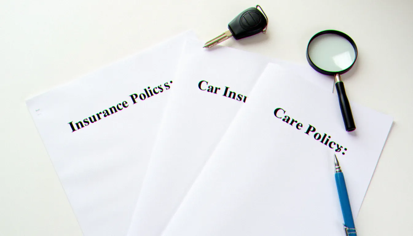 Comparaison de trois formules d'assurance automobile posées sur un bureau avec une clé de voiture et une loupe