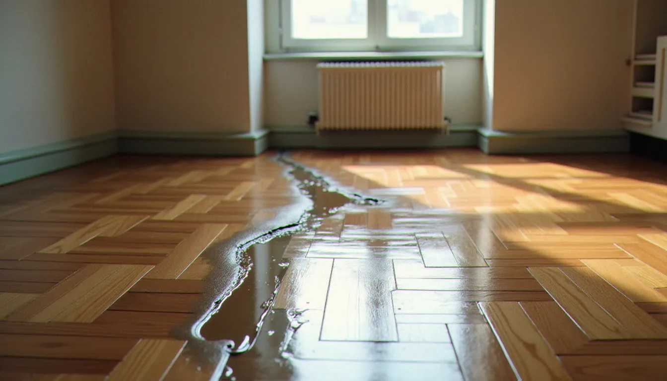 Appartement présentant des dégâts des eaux sur le parquet et les plinthes, illustrant le type de sinistre couvert par l'assurance avec abandon de recours