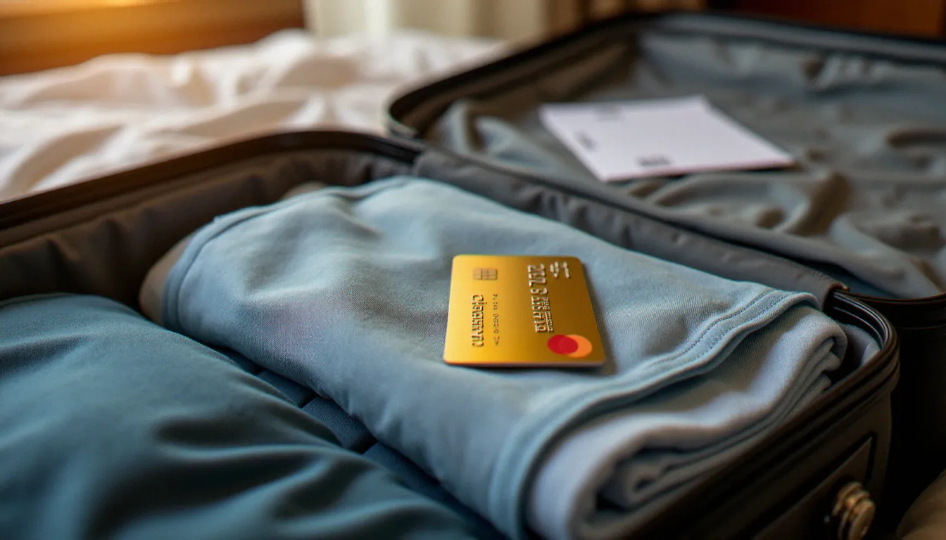 Valise ouverte avec une carte bancaire gold posée dessus représentant la couverture voyage de la carte Gold Crédit Agricole