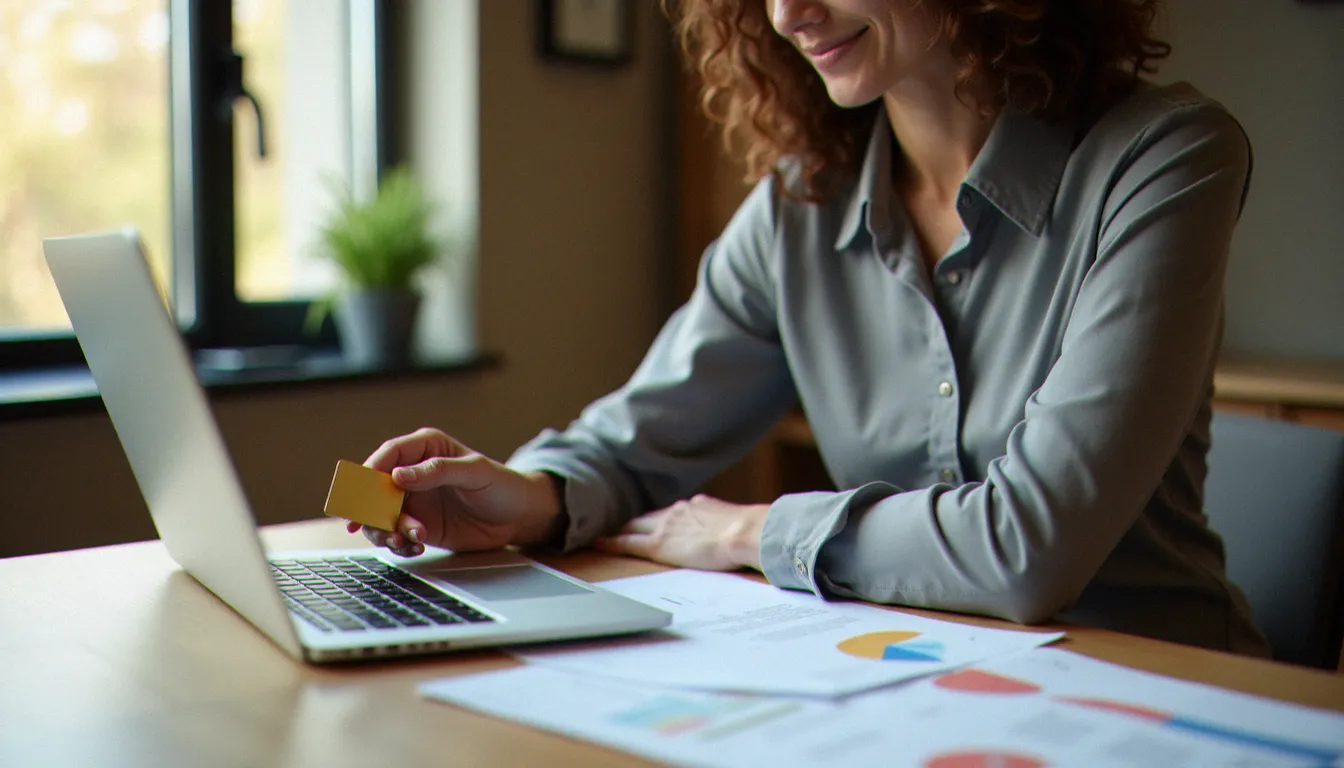 Une femme consultant les garanties de son assurance avec carte Gold Crédit Agricole sur ordinateur portable dans un bureau lumineux