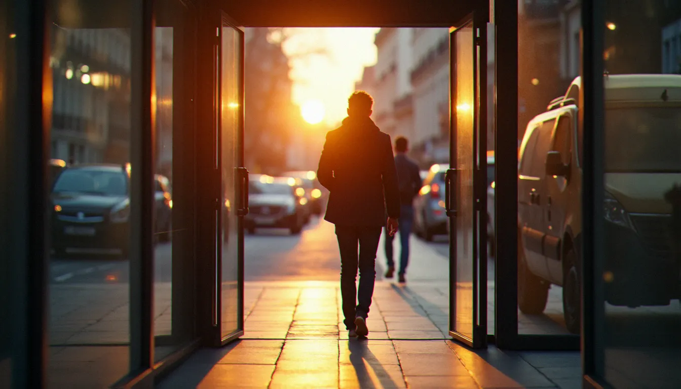 Une personne entrant avec assurance dans une agence d'assurance parisienne, symbolisant la démarche proactive face à un refus d'assurance lié à un dossier criminel