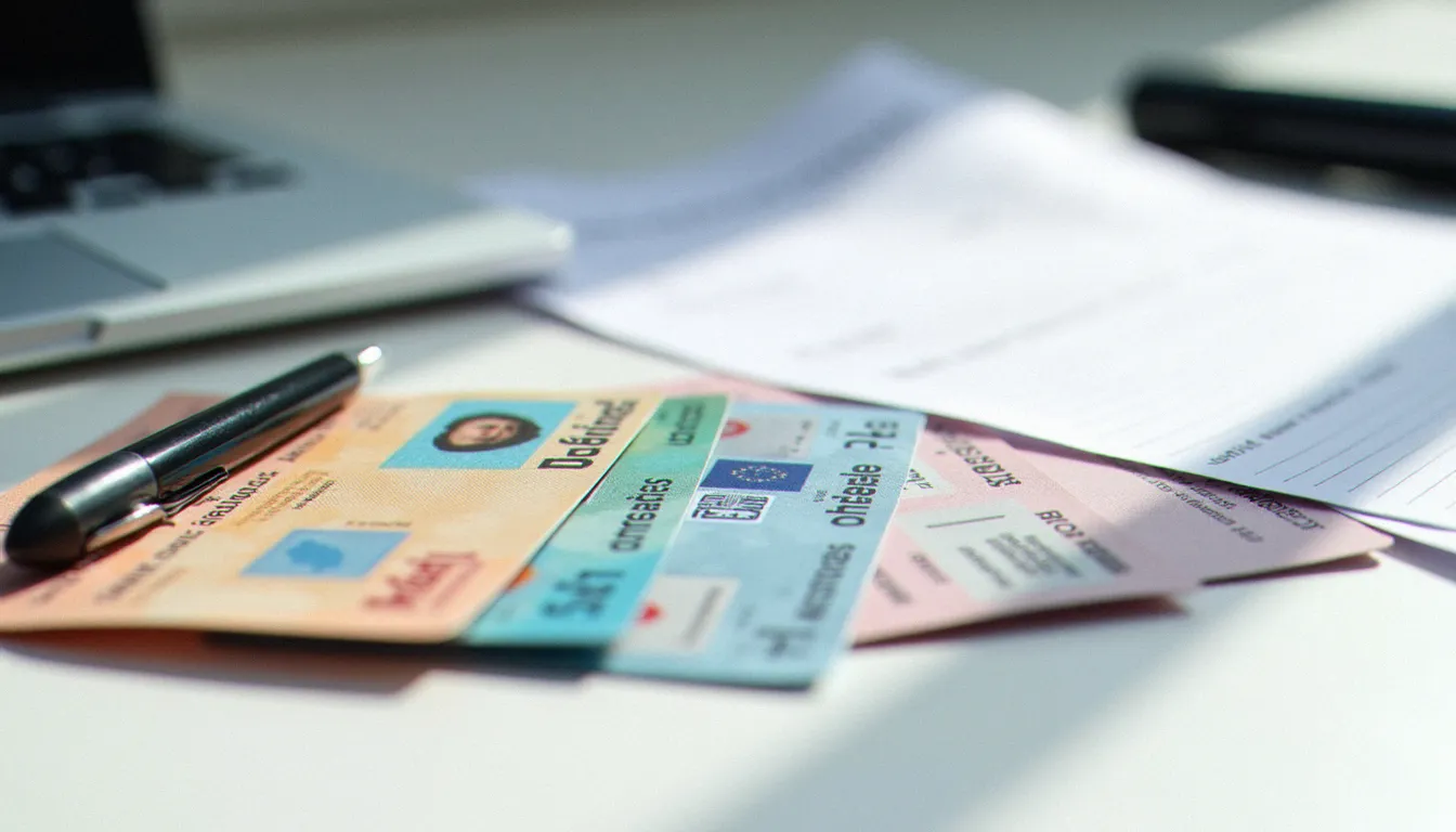 Ensemble de permis de conduire étrangers et documents officiels posés sur un bureau, nécessaires pour souscrire une assurance avec permis étranger en France