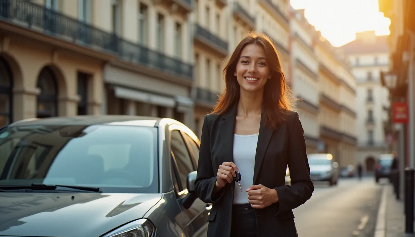 Une conductrice souriante devant sa voiture dans une rue parisienne, ayant souscrit une assurance auto adaptée à son permis étranger