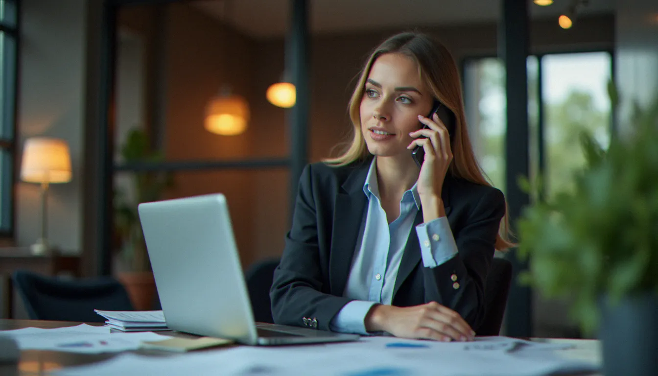 Une femme en train de négocier par téléphone avec son assureur après avoir reçu son avis d'échéance, ordinateur ouvert avec comparatifs
