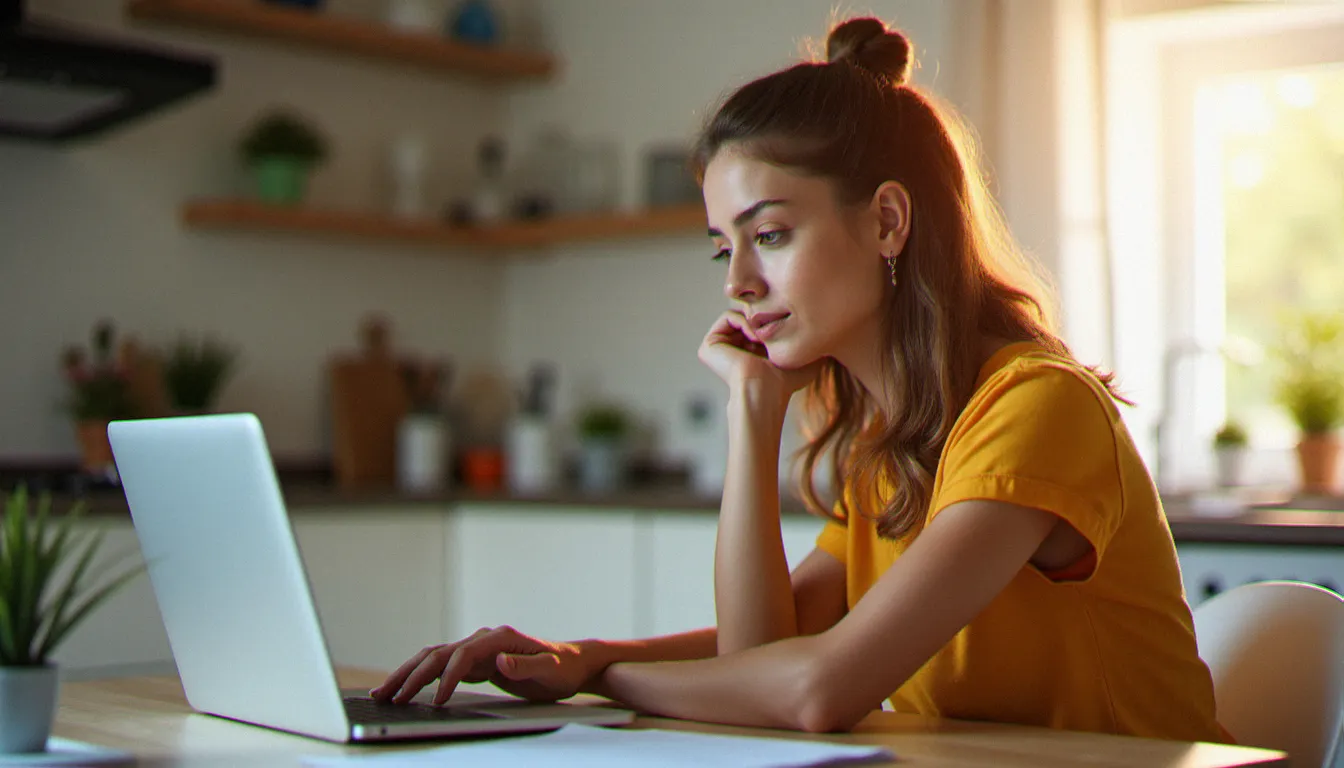 Une assurée consultant son espace client en ligne pour obtenir et télécharger son avis de situation d'assurance depuis son domicile