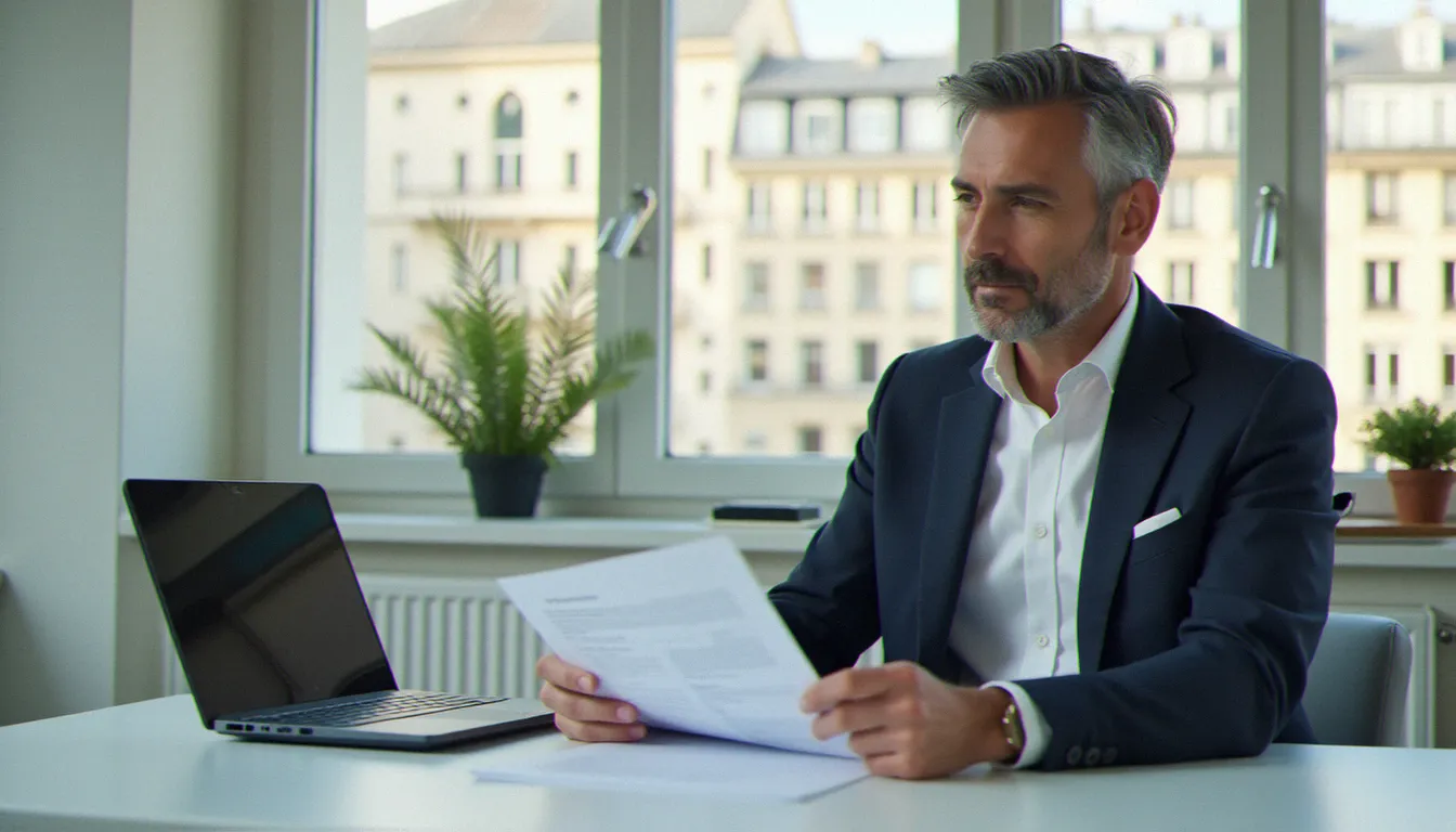 Courtier en assurance consultant attentivement un avis de situation dans un bureau parisien moderne, illustrant la démarche d'analyse d'un contrat d'assurance avis de situation