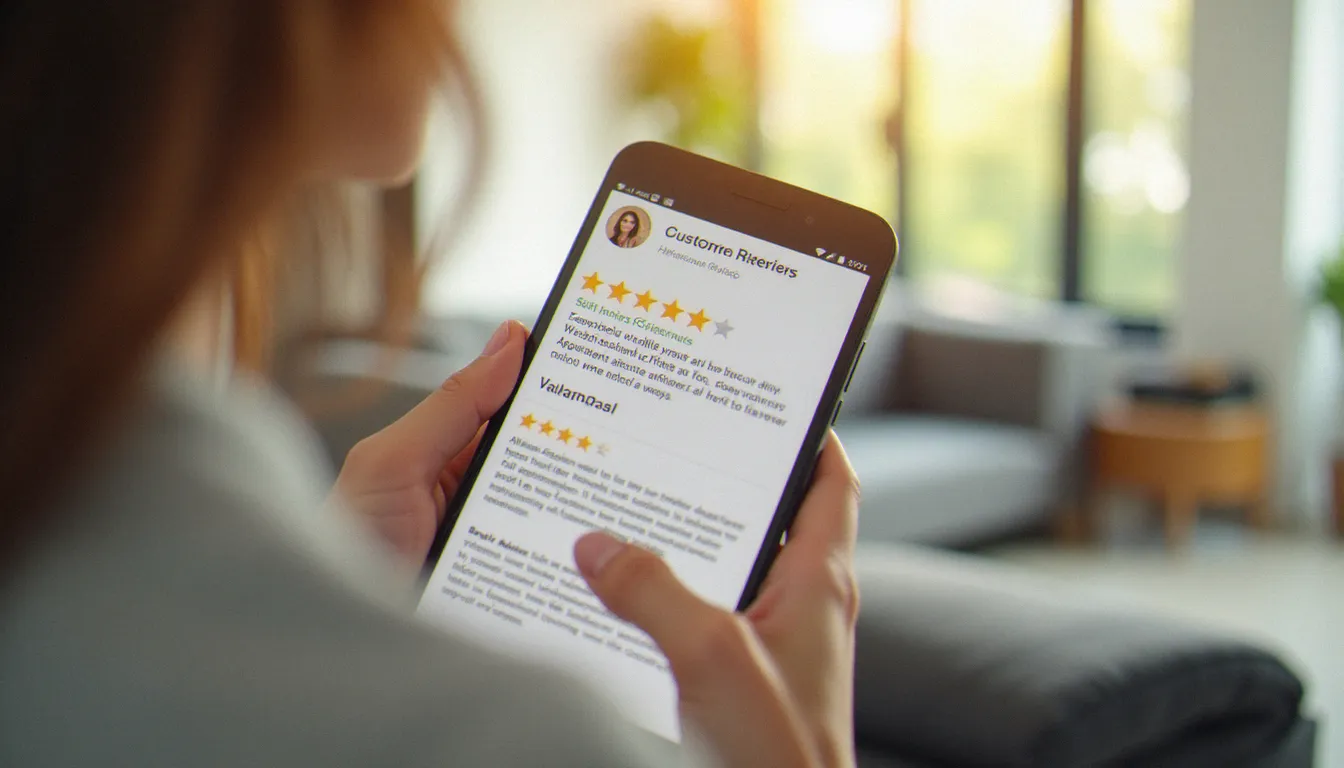 Une personne consulte des avis clients sur son smartphone pour comparer les offres d'assurance location