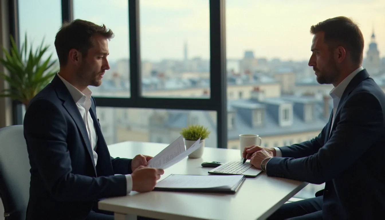 Un courtier en assurance explique les garanties d'un contrat de location à un client dans un bureau parisien contemporain