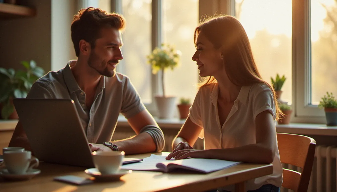 Un jeune couple examine des documents d'assurance avis location sur leur table de cuisine dans un appartement parisien lumineux