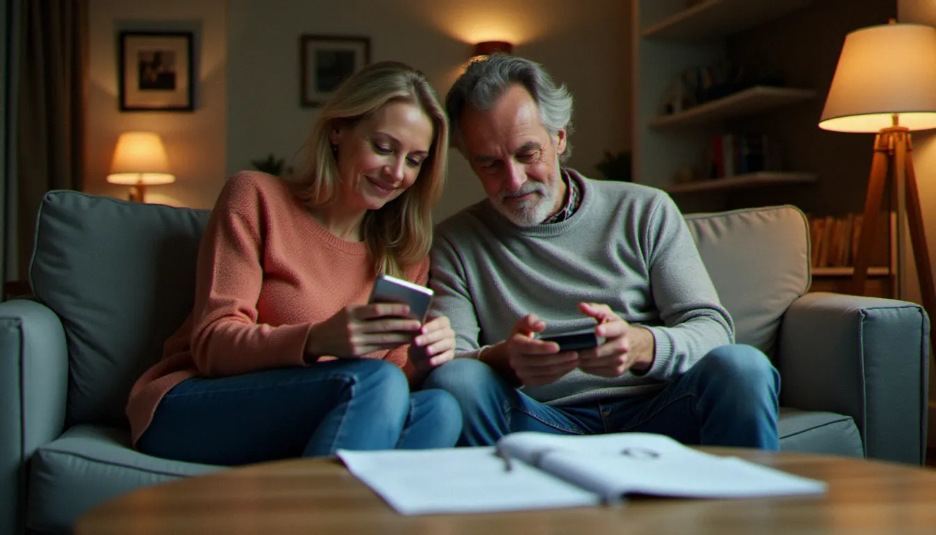 Couple comparant des devis d'assurance auto avec leur relevé d'information pour changer d'assureur en conservant leur bonus