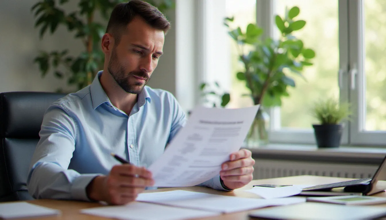Homme consultant son relevé d'information d'assurance auto pour connaître son bonus, assis à un bureau bien éclairé