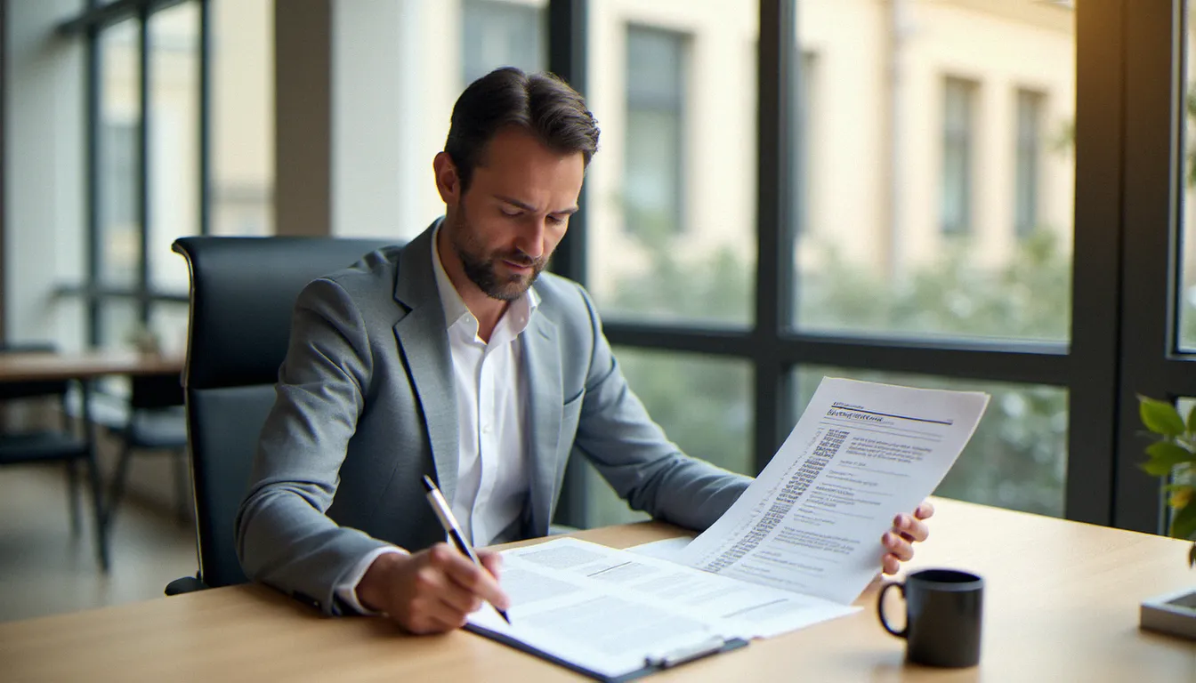Courtier en assurance examinant attentivement un relevé d'information bonus-malus dans un bureau parisien lumineux pour connaitre son bonus assurance
