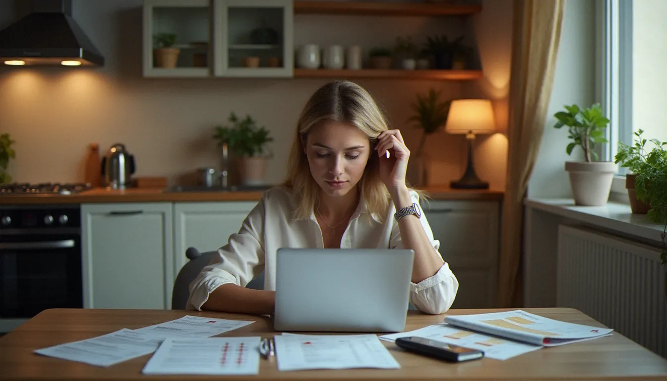 Une assurée comparant différents niveaux de franchise sur plusieurs devis d'assurance posés sur une table dans un appartement parisien