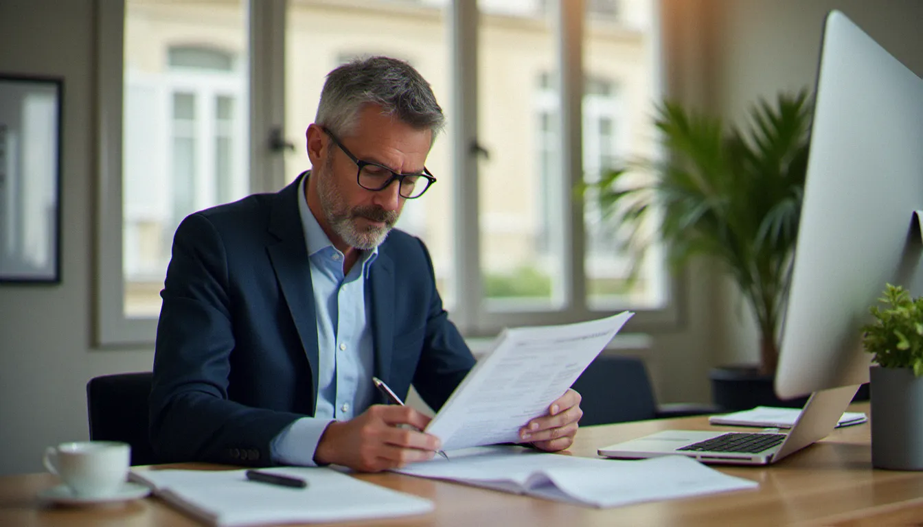 Un courtier en assurance parisien examinant attentivement une clause de franchise dans un contrat d'assurance dans un bureau moderne et lumineux