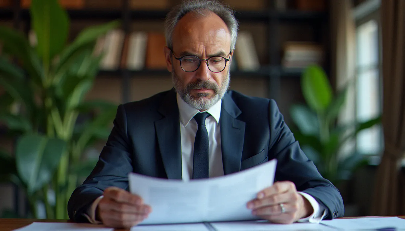 Un homme en costume consulte des documents d'assurance décès invalidité à son bureau, illustration d'une démarche de prévoyance sérieuse