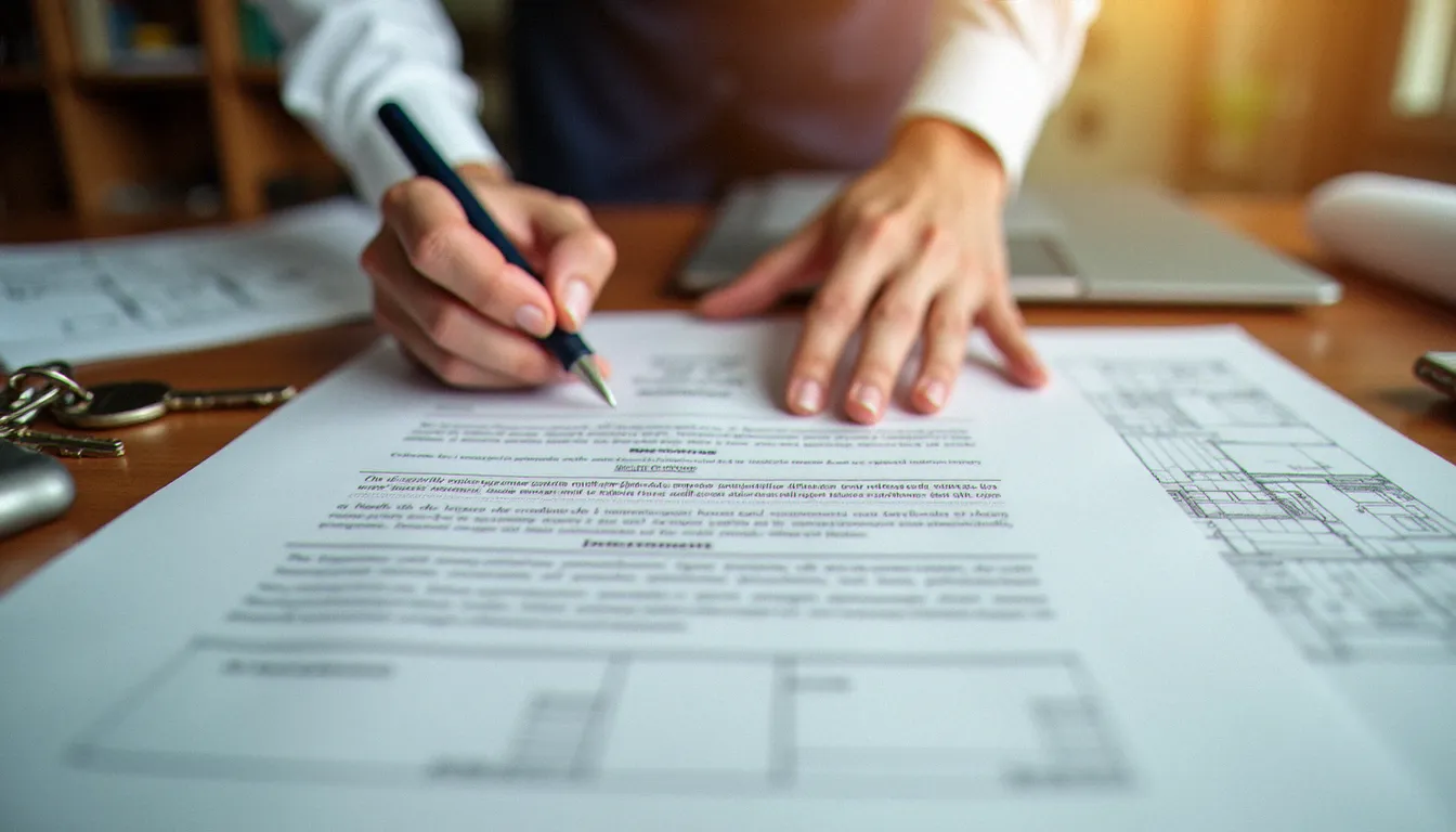 Contrat d'assurance dommages ouvrage signé posé sur un bureau à côté de clés de maison et de plans d'architecte, symbolisant la souscription obligatoire avant les travaux
