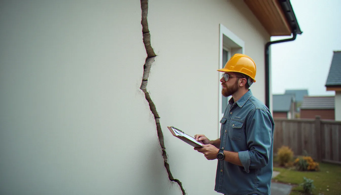 Expert en bâtiment inspectant une fissure structurelle sur le mur extérieur d'une maison individuelle, dans le cadre d'une expertise sinistre relevant de la garantie décennale