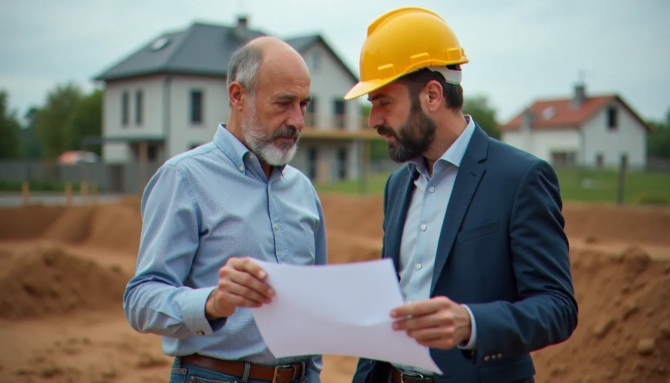 Maître d'ouvrage et architecte examinant les plans d'une construction neuve sur un chantier, illustrant la nécessité de l'assurance dommages ouvrage avant l'ouverture du chantier