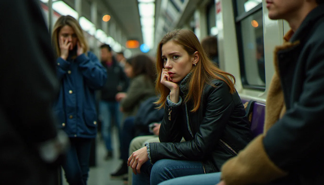 Femme découvrant le vol de ses effets personnels dans le métro parisien, scène illustrant l'importance d'une assurance effets personnels adaptée