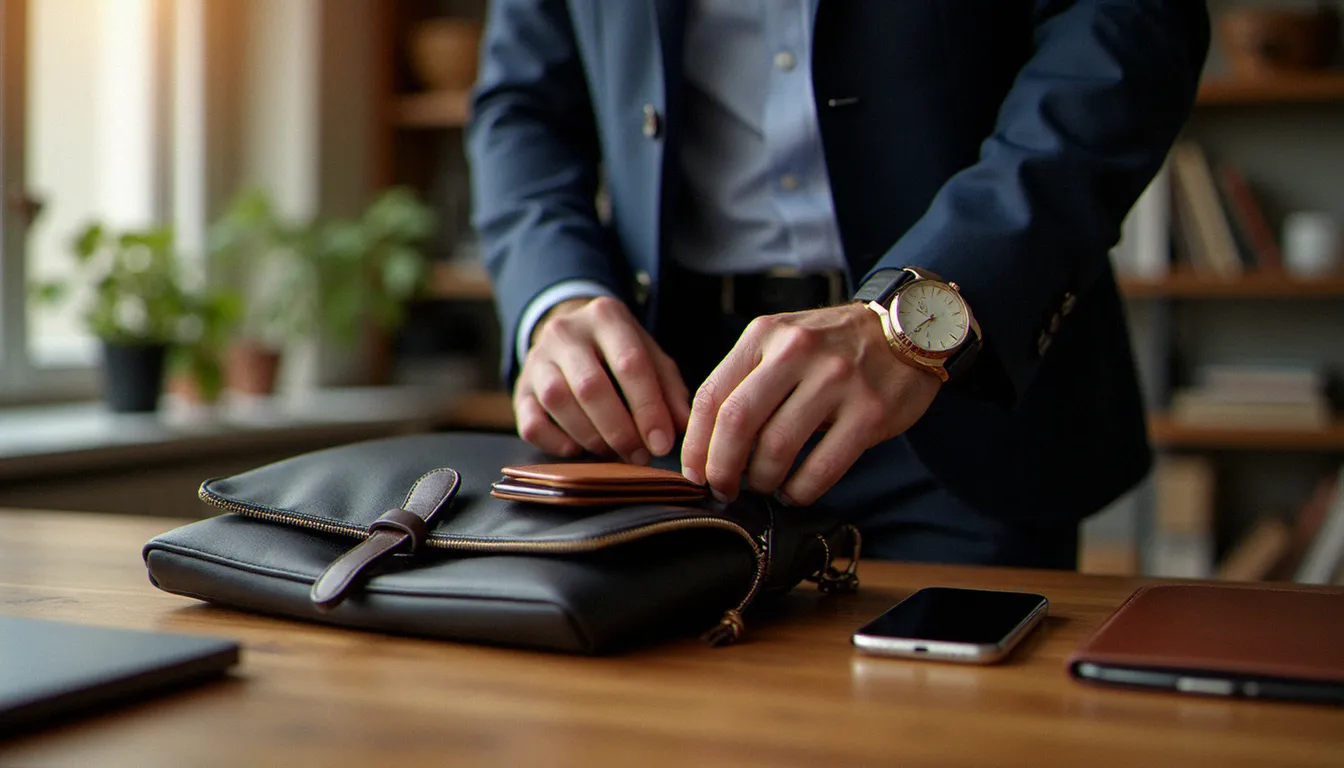 Personne rangeant ses effets personnels de valeur — montre, téléphone, portefeuille — avant de partir, illustration de l'assurance effets personnels AXA