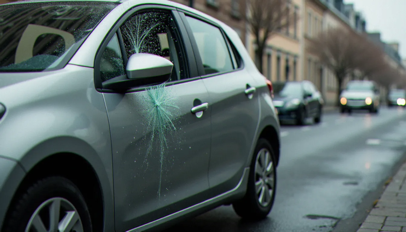 Vitre de voiture fracturée suite à un vol à la roulotte dans une rue française, illustrant le risque non couvert par l'assurance auto standard sans garantie effets personnels voiture