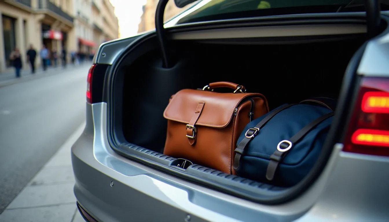 Coffre de voiture ouvert contenant des effets personnels — sac ordinateur, sac photo et sac à dos — illustrant l'importance de souscrire une assurance effets personnels voiture adaptée