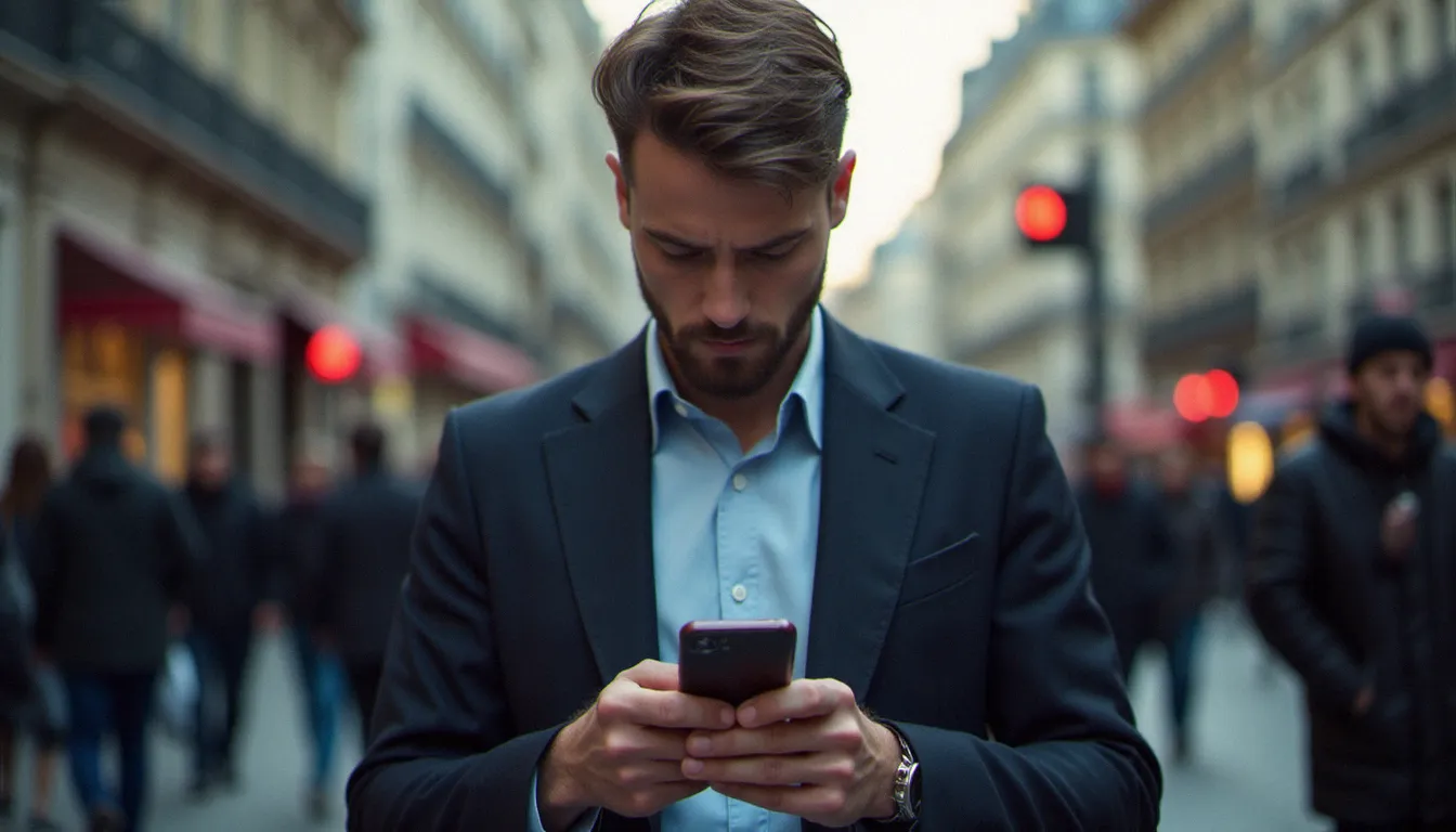 Homme tenant un smartphone à l'écran fissuré dans une rue parisienne, illustrant le besoin d'une assurance France Mobile Security