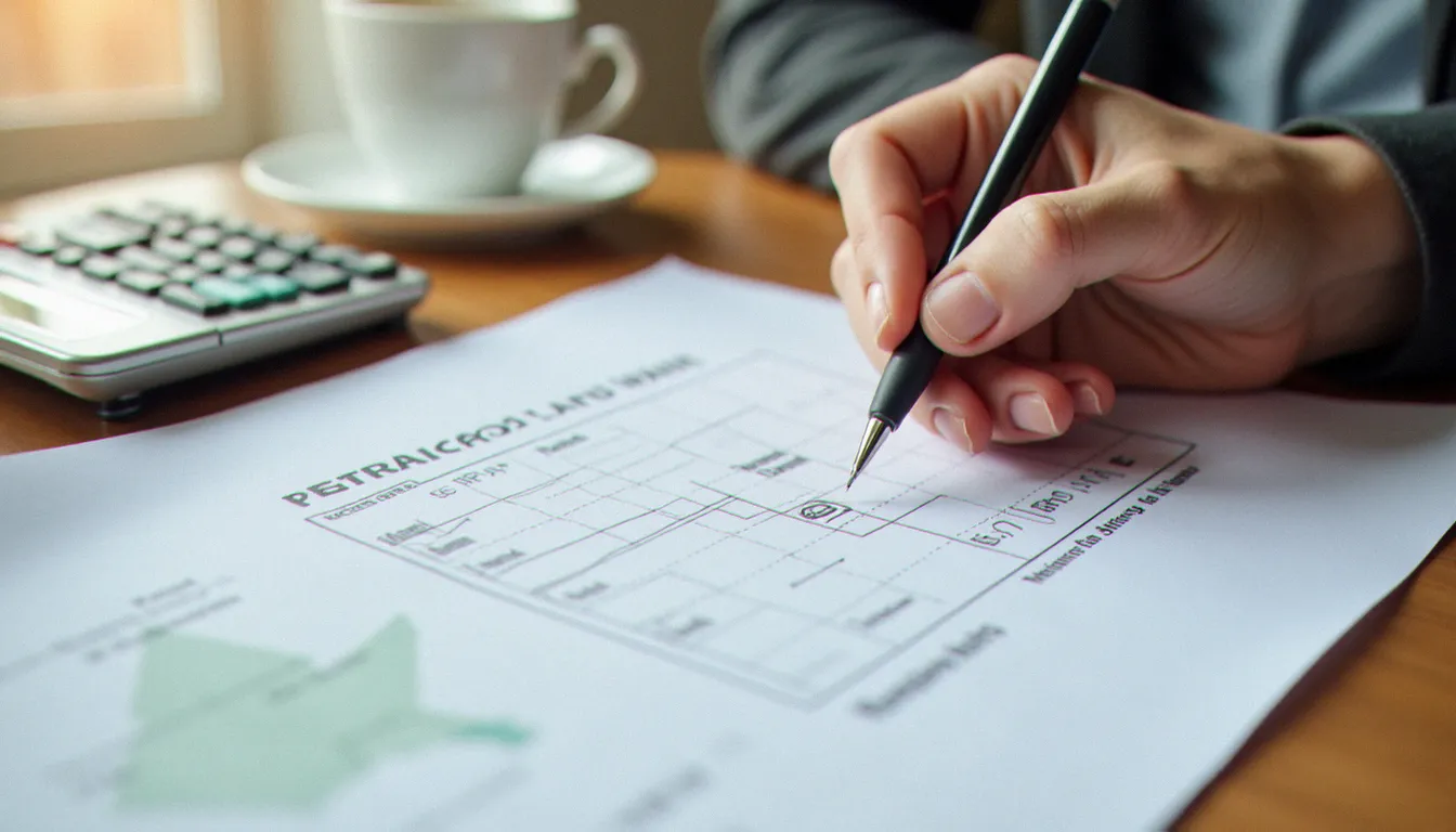 Une personne compare les options d'assurance retraite sur un tableau récapitulatif posé sur un bureau avec une calculatrice