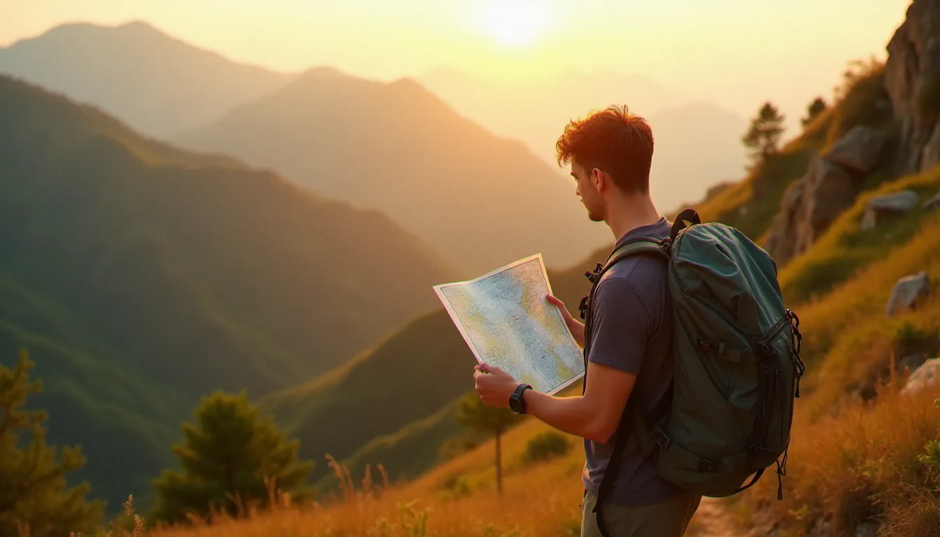 Voyageur routard avec sac à dos consultant une carte en montagne, illustrant le besoin d'une assurance guide du routard adaptée