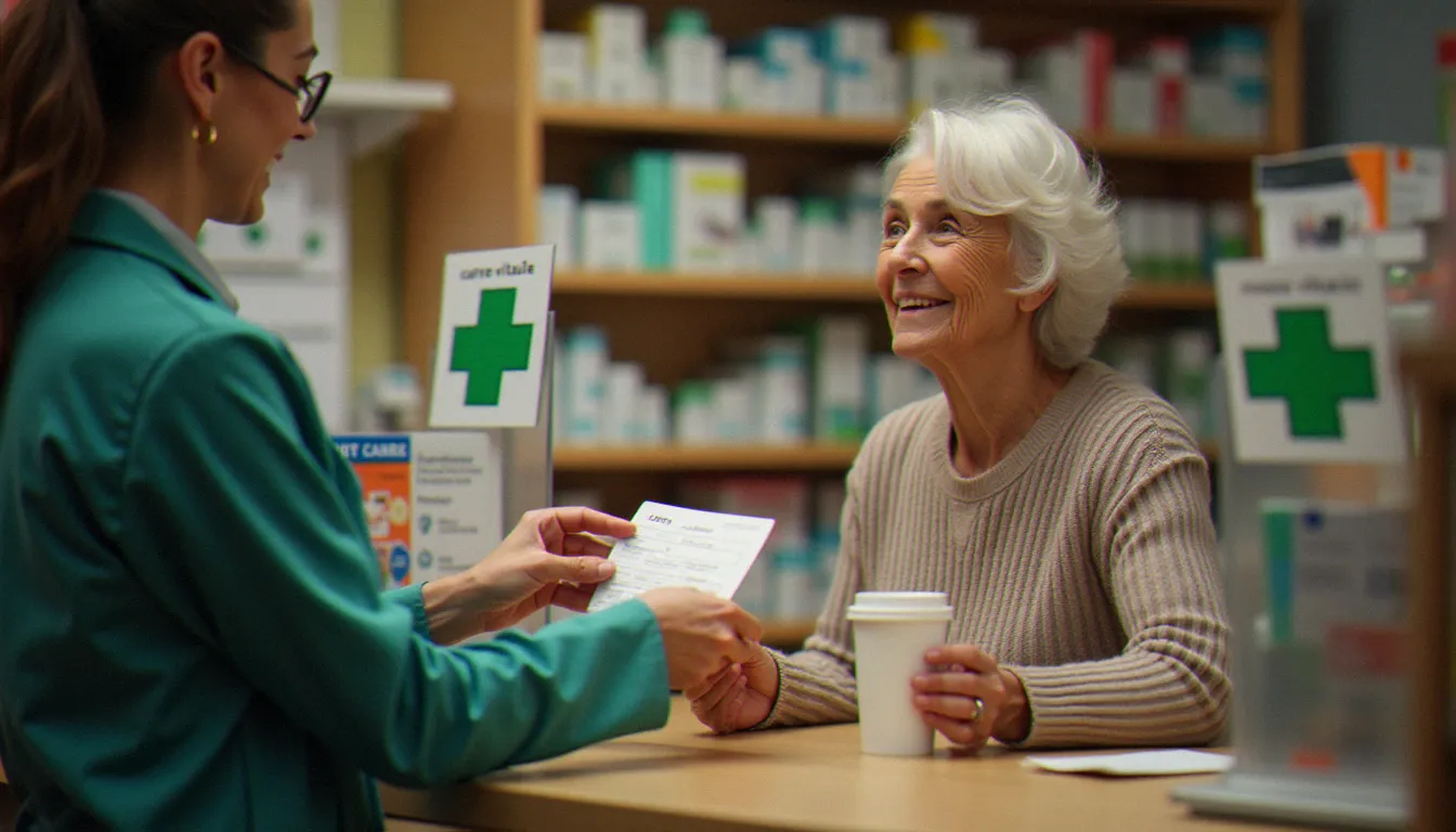 Une femme âgée présentant sa carte Vitale à un pharmacien pour un remboursement d'assurance maladie en France