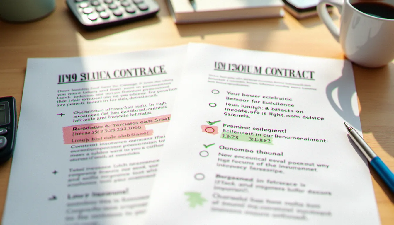 Deux contrats d'assurance comparés côte à côte sur un bureau, illustrant la différence entre une offre bon marché avec exclusions cachées et une couverture au vrai meilleur prix
