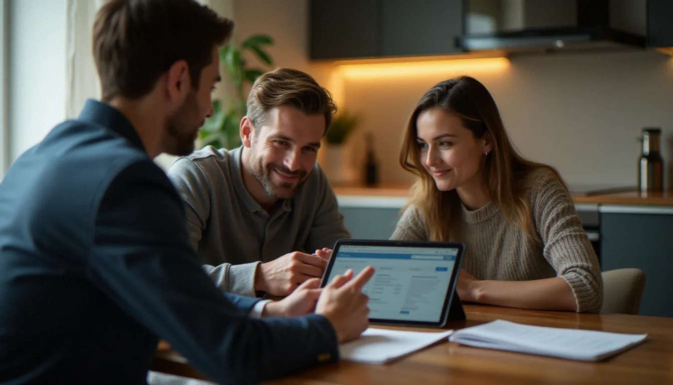 Un couple examine ses options de garanties d'assurance avec un conseiller indépendant autour d'une table, pour choisir une protection adaptée au meilleur prix