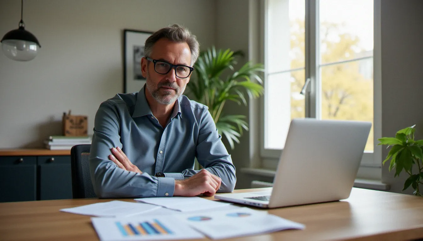 Un courtier en assurance analyse des contrats comparatifs sur son bureau parisien pour aider ses clients à trouver l'assurance au meilleur prix
