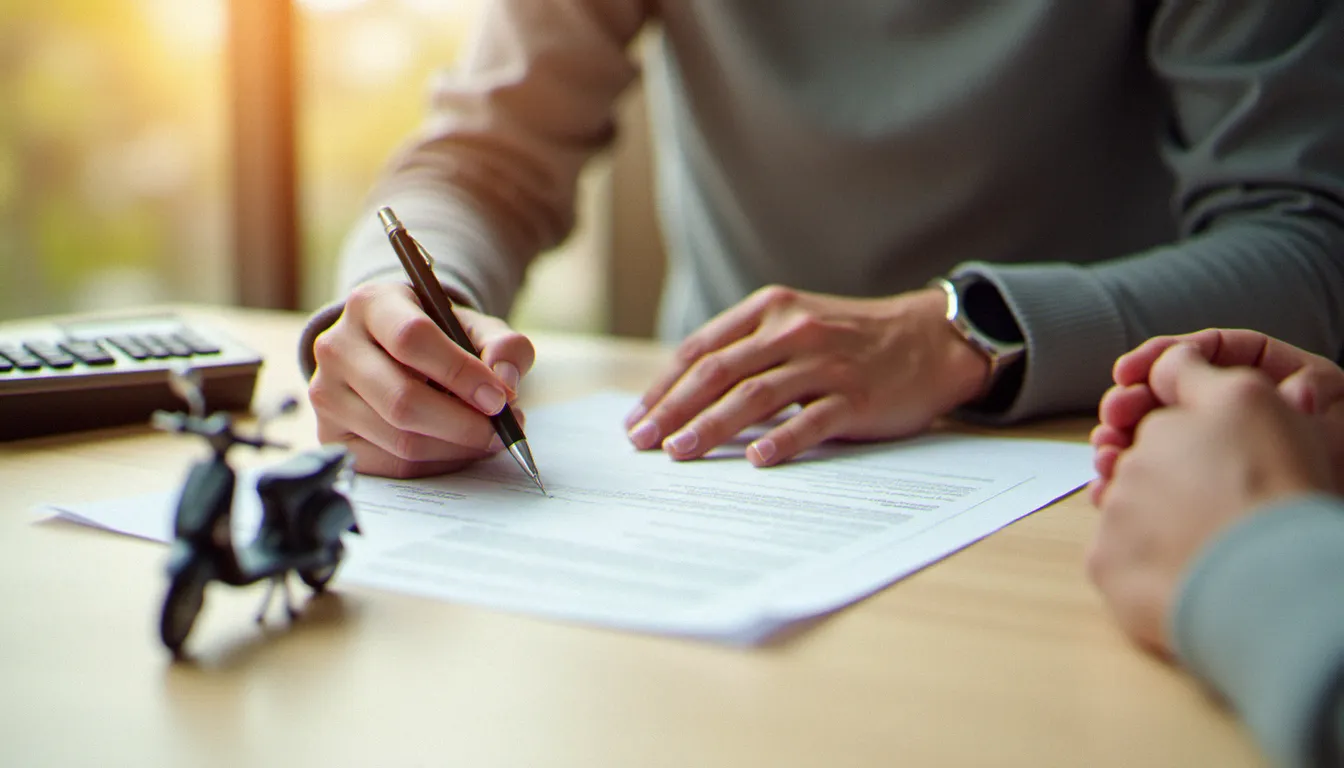Mains en train de signer un contrat d'assurance pour un cyclomoteur 50cc, avec une calculatrice posée sur le bureau