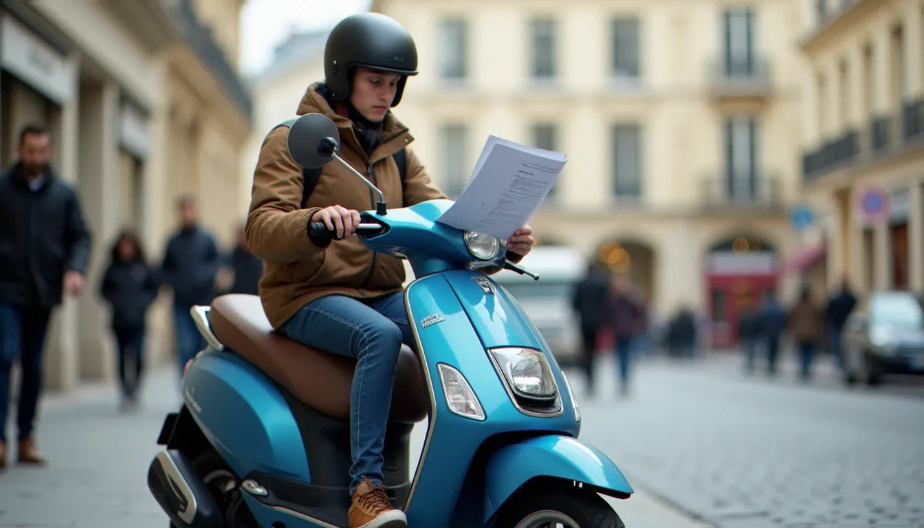 Jeune conducteur casqué sur son scooter 50cc dans une rue parisienne, consultant des documents liés à son assurance prix 50cc