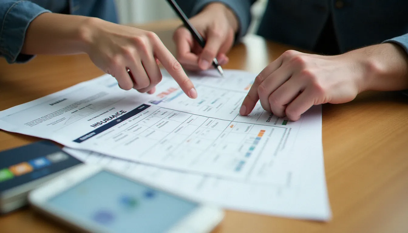 Deux personnes comparant des offres d'assurance prix sur des documents imprimés et un smartphone posés sur une table