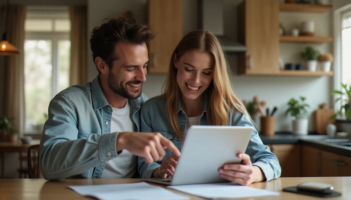 Un couple compare des offres d'assurance sur tablette à domicile pour négocier un meilleur prix assurance