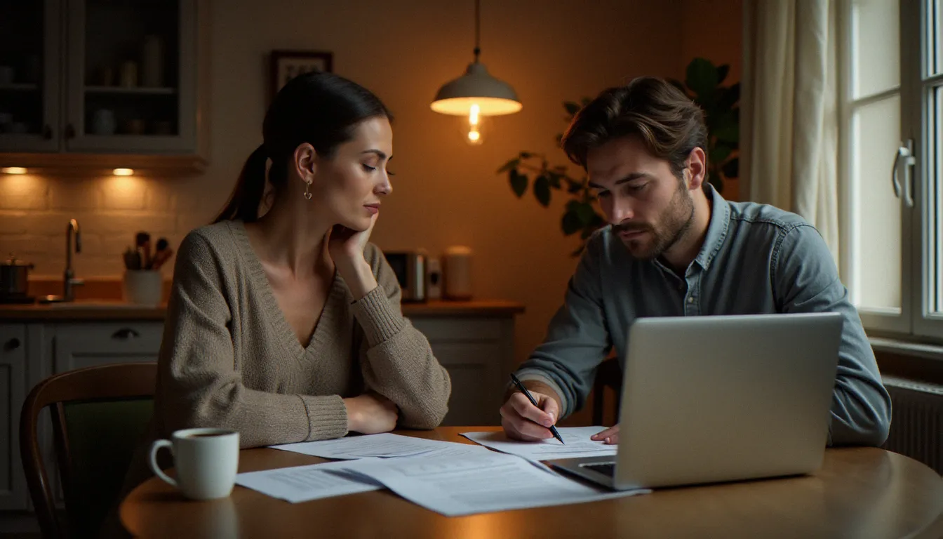 Couple français révisant leurs garanties d'assurance à domicile pour optimiser leur assurance prix sous une lumière chaleureuse