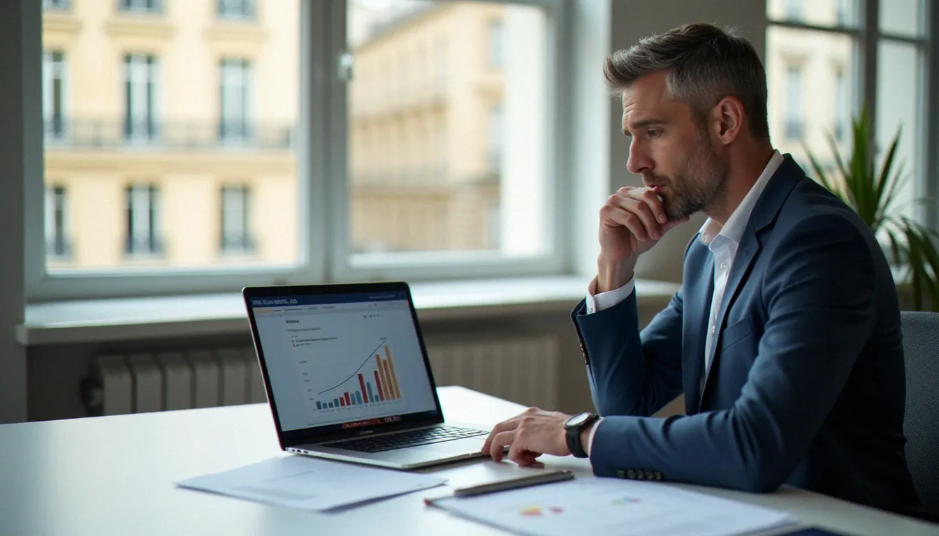 Courtier en assurance comparant des tarifs d'assurance prix sur ordinateur dans un bureau parisien moderne