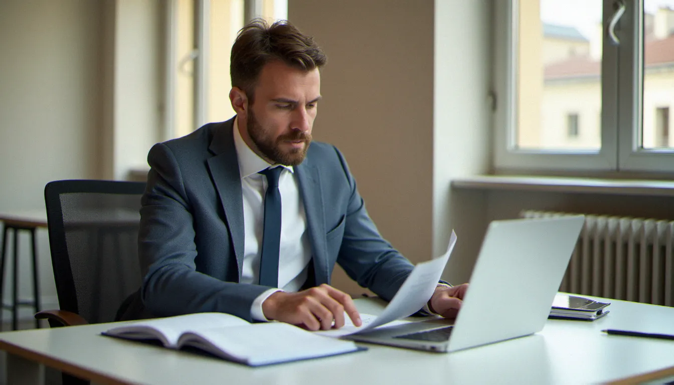 Courtier en assurance analysant des documents pour comparer les assurance prix dans un bureau parisien lumineux