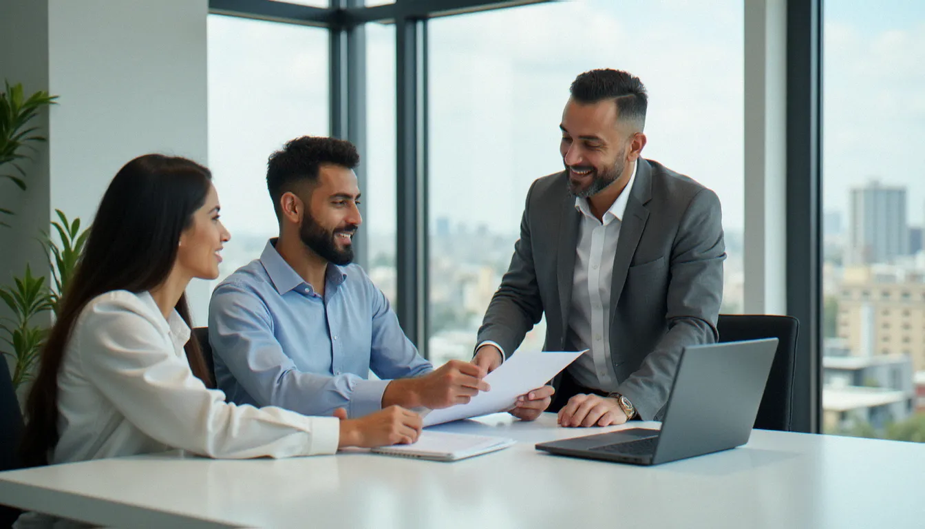 Un conseiller en assurance présentant différents types de contrats d'assurance disponibles au Maroc à des clients dans une agence moderne de Casablanca