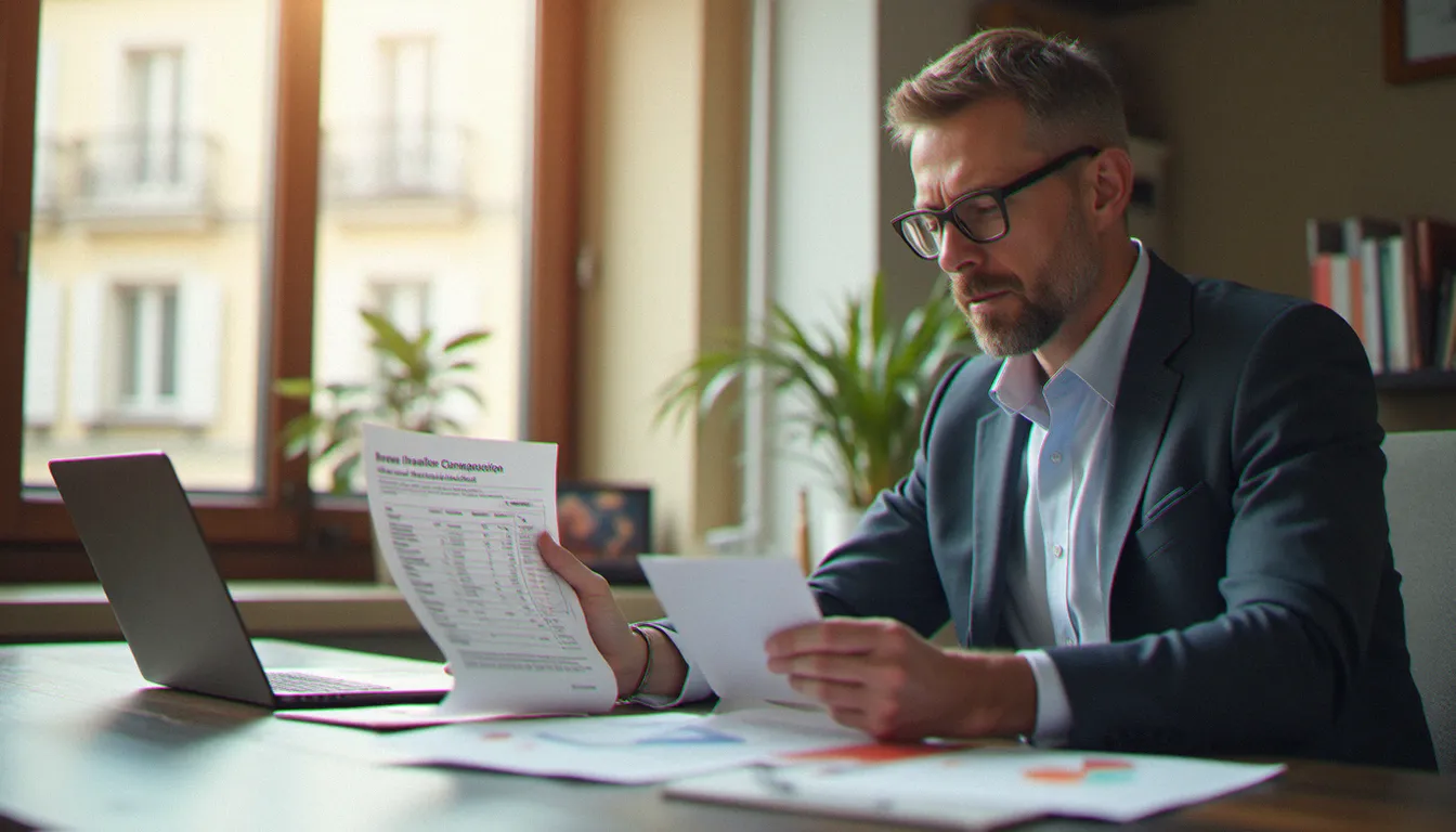 Un courtier en assurance analysant des contrats d'assurance prix Maroc sur son bureau à Paris, avec des documents comparatifs et un ordinateur portable