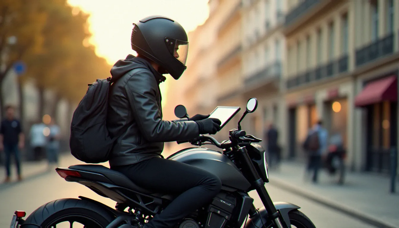 Motard parisien consultant les prix d'une assurance moto sur une tablette numérique, assis sur sa moto dans une rue haussmannienne