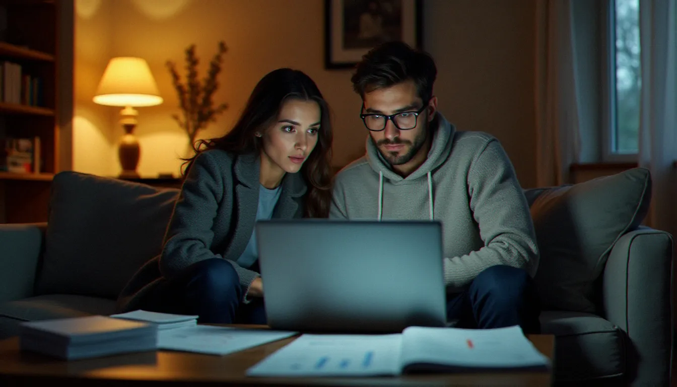 Un couple français consultant leurs contrats et factures d'assurance sur un ordinateur portable chez eux, cherchant à comprendre les raisons de la hausse annuelle du prix moyen de leurs assurances