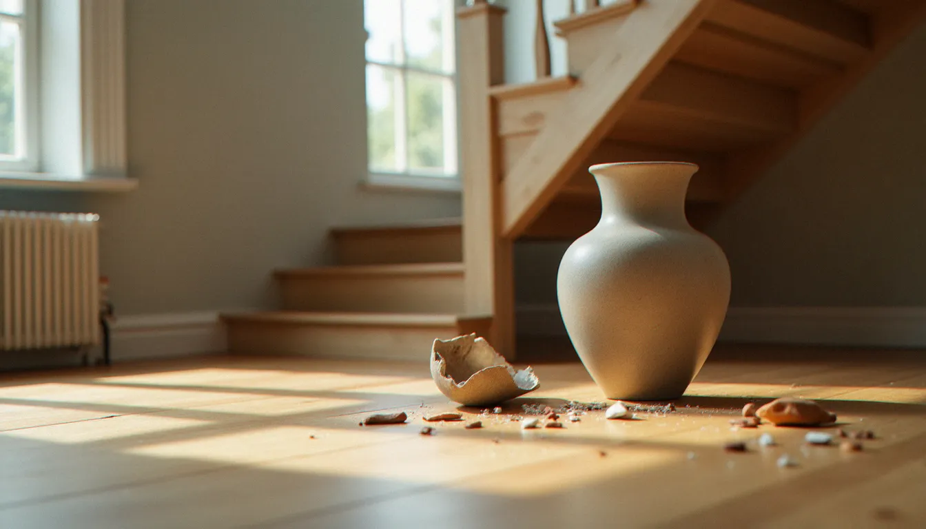 Vase brisé sur le parquet d'un appartement, illustrant un dommage matériel couvert par l'assurance responsabilité civile vie privée