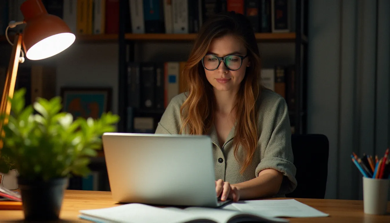 Une consultante indépendante travaillant depuis son bureau à domicile, illustrant le besoin d'assurance responsabilité civile professionnelle pour les travailleurs autonomes
