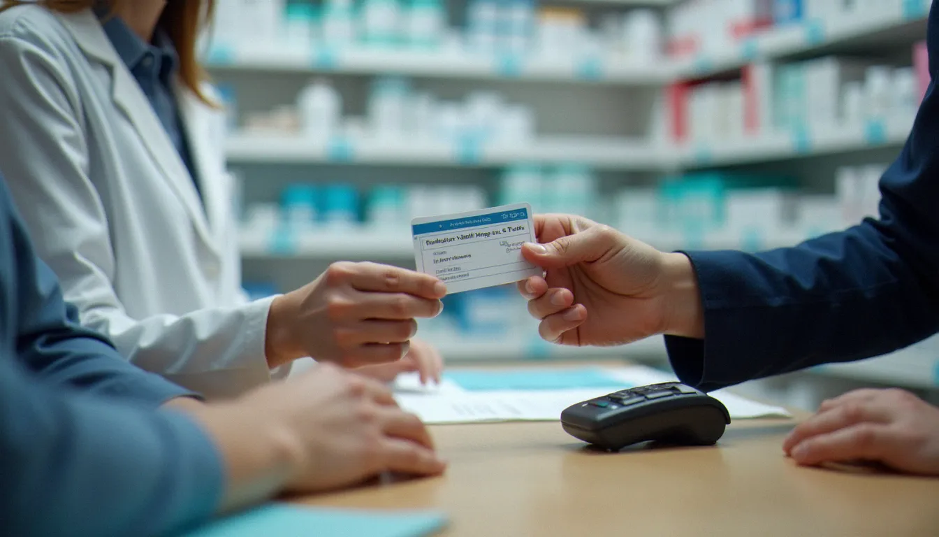 Une personne présentant sa carte de tiers payant à un pharmacien pour une prise en charge directe sans avance de frais