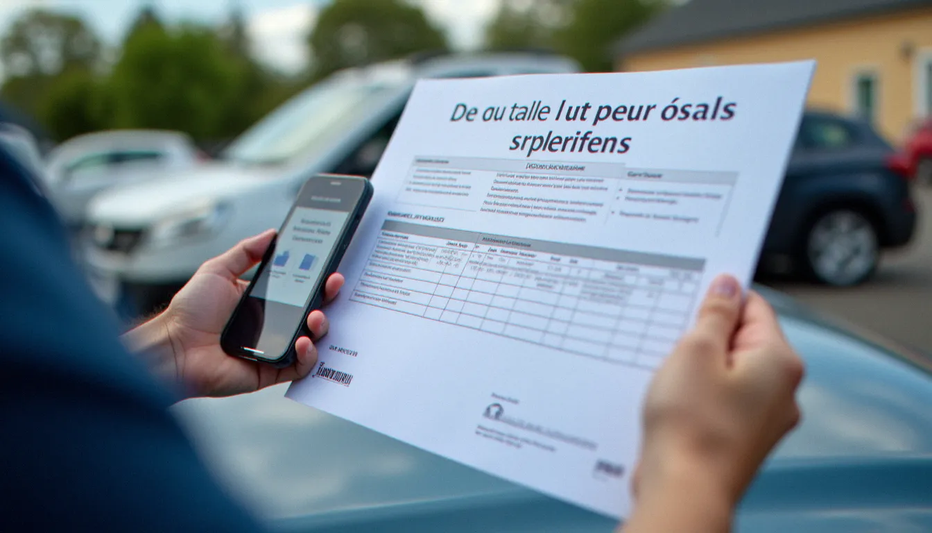 Mains tenant un certificat de cession de véhicule et un smartphone affichant des offres d'assurance auto, représentant les démarches pour s'assurer sans carte grise