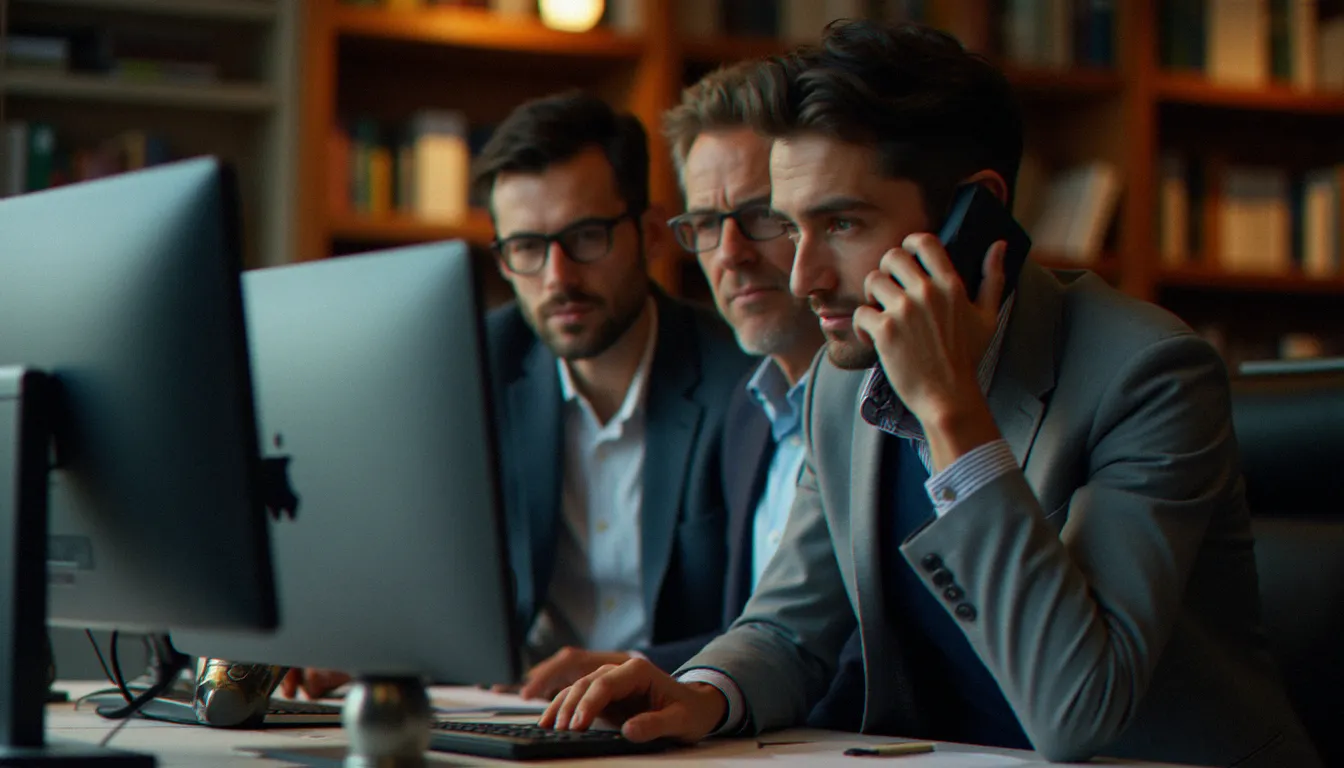 Un courtier en assurance dans un bureau parisien moderne, consultant des dossiers pour trouver une solution d'assurance sans carte grise pour un client