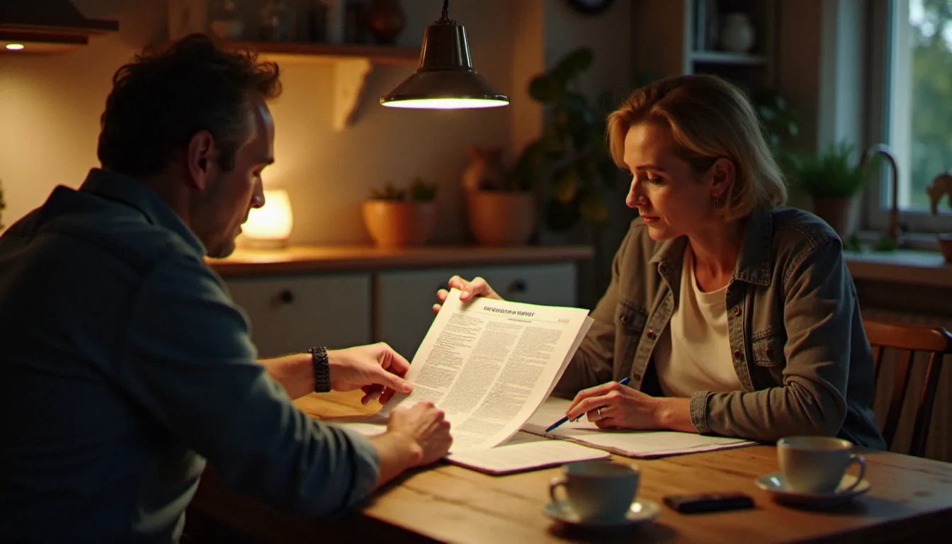Un couple examine leur contrat d'assurance auto à domicile avant de souscrire, représentant l'importance de lire les clauses avant de s'assurer sans contrôle technique valide